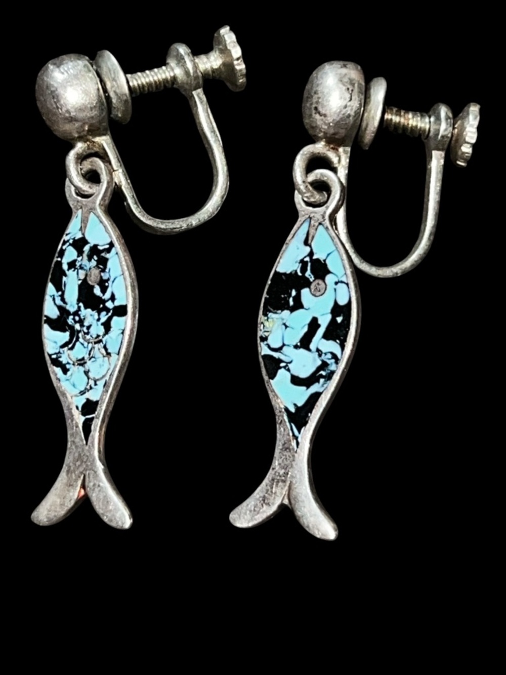Vintage Navajo Sterling Silver Fish Dangle Screw-Back Earrings Turquoise Mosaic